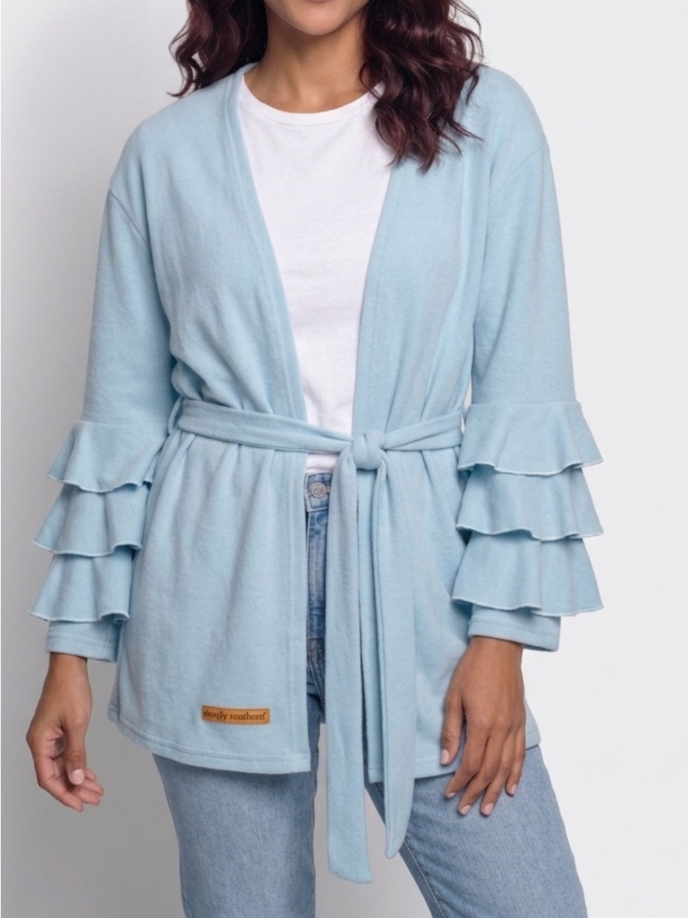 Simply Southern Light Blue Ruffle-Sleeve Tie-Waist Cardigan